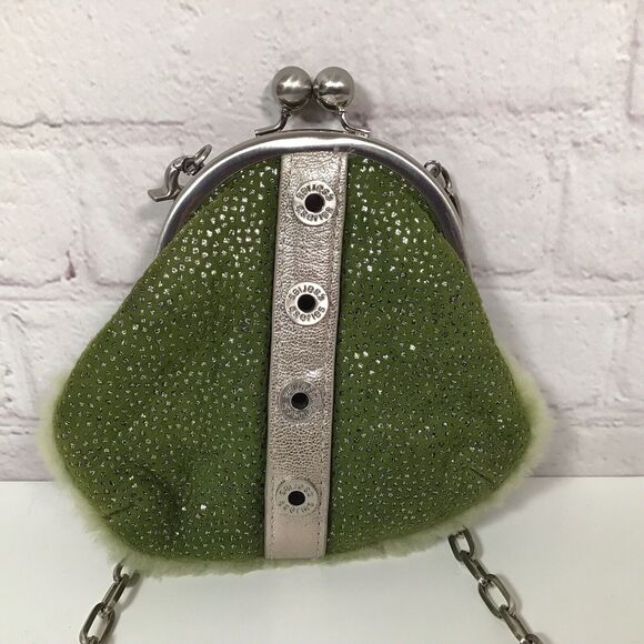 Cole Haan G Series Small Green Shearling Kiss Lock Crossbody Bag Chainlink Strap - Picture 6 of 10